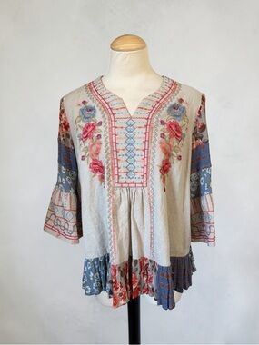 Coldwater Creek Cream Blouse with Pink and Blue Floral Embroidery